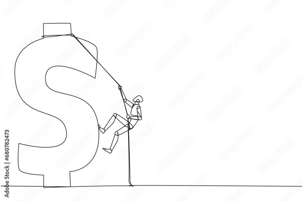 Poster continuous one line drawing smart robot climbs dollar symbol. metaphor looking for extra money becau