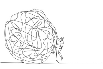 Continuous one line drawing smart robot climbs heavy mess circle with the rope. Trying to lay anxiety at the feet. For clarity of thought. Smart work hard. Single line draw design vector illustration