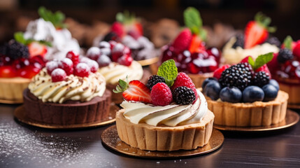 Various, birthday and lemon meringue tarts with colourful toppings for celebration, party or event. Sweet, delicious and tasty pastries with sprinkles and fruit for food photography on a black backgr - obrazy, fototapety, plakaty
