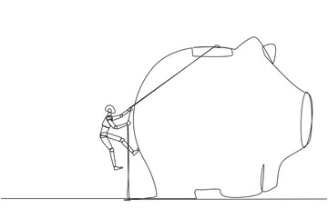 Single continuous line drawing smart robot climbing piggy bank with the rope. Entrepreneur working hard to make investments preparing for retirement. Smart worker. One line design vector illustration