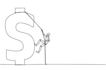 Continuous one line drawing smart robot climbs dollar symbol. Metaphor looking for extra money because of high needs. Smart work combined with hard work. Single line draw design vector illustration