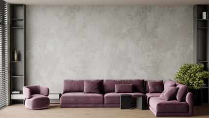Living room with dusty purple mauve accent rich sofa set. Taupe gray plaster decorative stucco on the wall of microcement texture art. Mockup large interior design lounge office or home. 3d rendering 