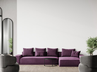 Light modern room with accents. Violet purple large sofa and gray armchairs. White paint wall for art. Trendy modern minimalist interior design mockup big living. Background empty mockup. 3d render - obrazy, fototapety, plakaty