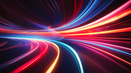 Fototapeta na wymiar abstract colorful high-speed light trails background, motion effect, neon fastest glowing light, empty space scene, cyber futuristic sci-fi background