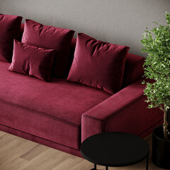 Viva magenta trend color sofa. Modern interior design with accent luxury bright furniture. Crimson maroon burgundy red deep rich sofa fabric. Minimal interior design living home. 3d render