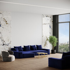 Light livingroom with rich bright blue navy sofa. Accent marble white stone and black window. Mockup for art or picture. Modern interior design room - minimalist lounge reception office. 3d render
