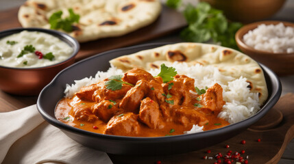 Butter chicken, naan and food on a plate for chef, fine dining and dinner ideas. Food photography, meal and Indian or asian cuisine closeup for restaurant and traditional on a dark background