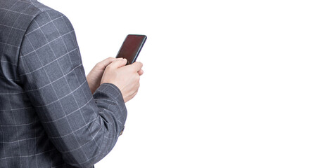 Business man in suit use phone. Texting businessman chatting in blog. Communication. Businessman texting on phone isolated on white. Business texting message. Online business. Reply to message