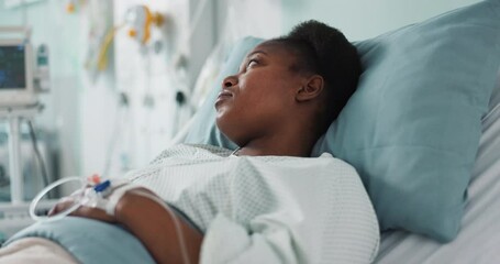 Sad, sick and a thinking black woman in a hospital bed for healthcare, exam and a surgery. Tired, depression and an African clinic patient in a ward for treatment help, mental health or a virus - Powered by Adobe