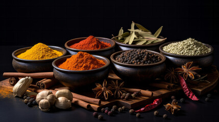 Obraz na płótnie Canvas Herbs, spices and Indian seasoning for cooking and traditional cuisine or food. Colourful, fresh and dry spice set for chefs, culture and organic recipe ingredients on a black studio background