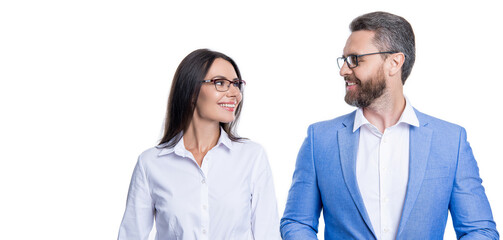 Business man and woman look in glasses. Businesspeople represent leadership. Business vision and success. Vision of success. Successful partnership of businesspeople in suit. Copy space