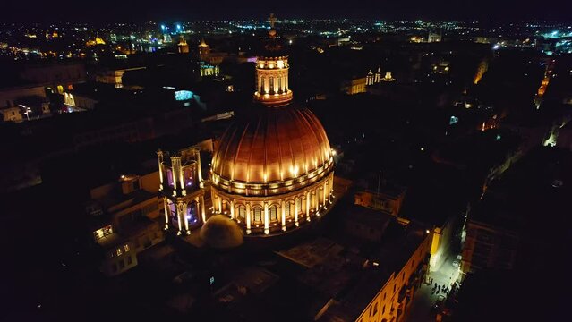 Close Aerial of Dome of Basilica of Our Lady at Night Time, Valleta, Malta