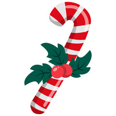 Christmas Candy Cane with Holly Berries Illustration