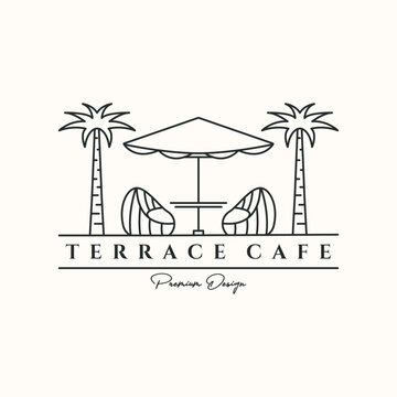 nature cafe line art logo vector minimalist illustration design, outdoor cafe symbol design