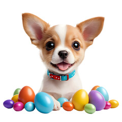 Obraz premium Adorable Puppy with Festive Easter Eggs, Pet Animal with Playful Expression Seated with Seasonal Decor, High-Resolution Image Suitable for Holiday Themes and Pet Care Promotions