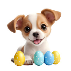 Fototapeta na wymiar Adorable Puppy with Festive Easter Eggs, Pet Animal with Playful Expression Seated with Seasonal Decor, High-Resolution Image Suitable for Holiday Themes and Pet Care Promotions