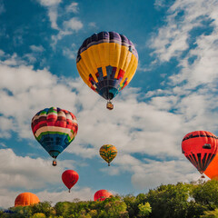 Some colorful aerostats in the sky.
