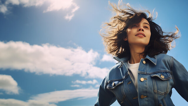 Happy And Beautiful Young Caucasion Woman Wearing Denim Jacket Enjoys Sunny Summer Day Smiling With Flying Hair, Sunshine, Blue Skies, White Clouds, Low Angle Shot, Copy Space, 16:9 