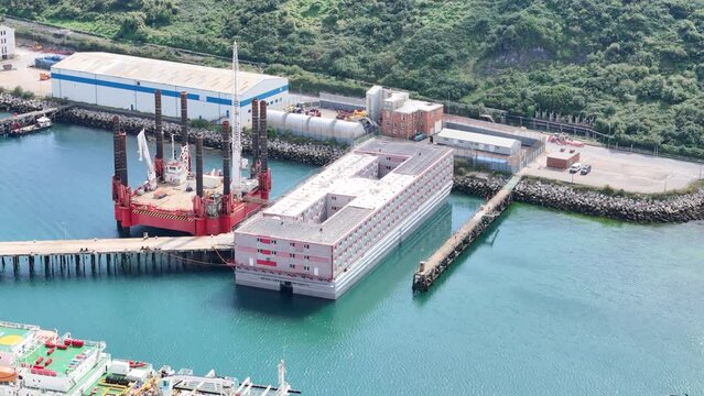 Bibby Stockholm Migrant accommodation barge Portland Dorset UK aerial