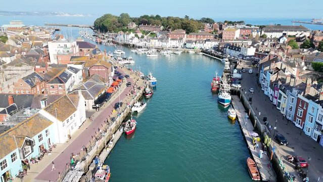 Weymouth Harbour Dorset UK drone,aerial  4K footage fishing boats moored