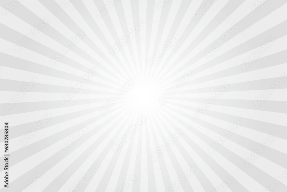 Poster Gray background with white sun ray. Pattern of starburst. Abstract texture with light of sunburst. Radial beam of sunlight. Retro background with flash. Design of sunbeams. Vector.