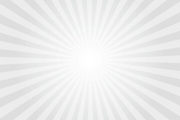 Gray background with white sun ray. Pattern of starburst. Abstract texture with light of sunburst. Radial beam of sunlight. Retro background with flash. Design of sunbeams. Vector. - obrazy, fototapety, plakaty