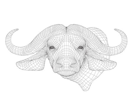 Buffalo head frame with big horns made of black lines isolated on white background. Front view. 3D. Vector illustration.