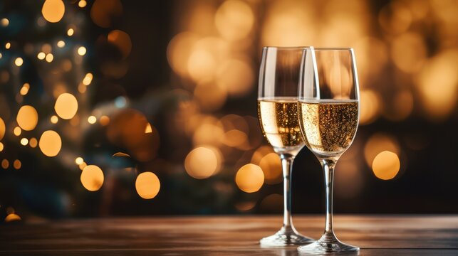 Close up image of two glasses of Champagne in front of burning candles and lights., Christmas festive winter seasonal background with glasses and copyspace