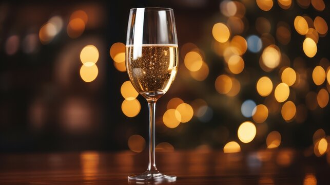 Close up image of two glasses of Champagne in front of burning candles and lights., Christmas festive winter seasonal background with glasses and copyspace