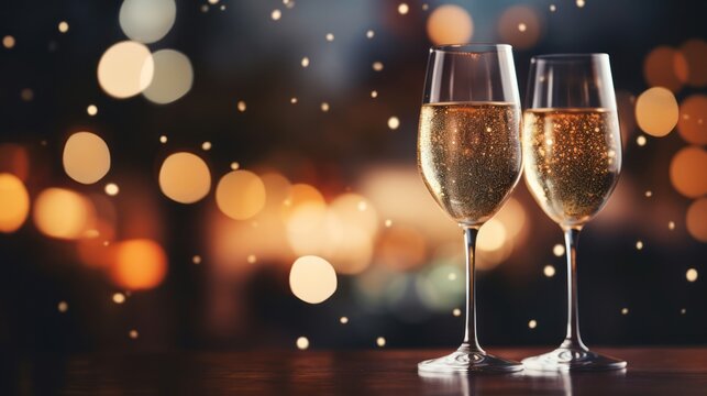Close up image of two glasses of Champagne in front of burning candles and lights., Christmas festive winter seasonal background with glasses and copyspace