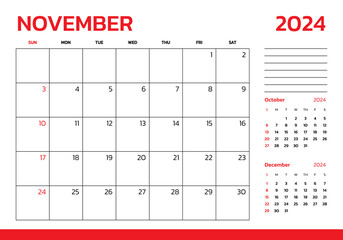 November 2024 Calendar. Week start on Sunday. Desk calendar 2024 design, simple and clean design, Wall calendar for print, digital calendar, Corporate design planner template vector.