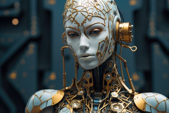 A female robot with gold and silver armor. Generative AI.