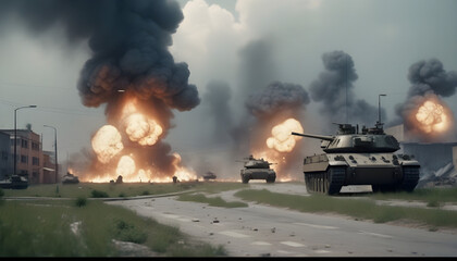 Fototapeta premium an armored tank firing during combat over a battlefield. explosions and explosives in the distance. Ash and smoke from fire everywhere. desktop background wallpaper for PC. 