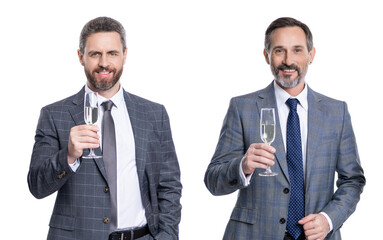 celebrate business partnership. two businessmen partner celebrating business deal with champagne. successful partnership in business deal. businessmen dealing isolated on white