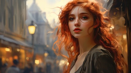 A young woman with vibrant red hair stands in a Victorian market, clad in poor Victorian clothes, her grey eyes shining. Generative AI. - obrazy, fototapety, plakaty