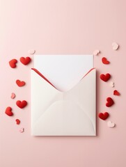 Minimalist Valentine's Day postcard preparation. Pink background with hearts, envelope, and paper. Generative AI.