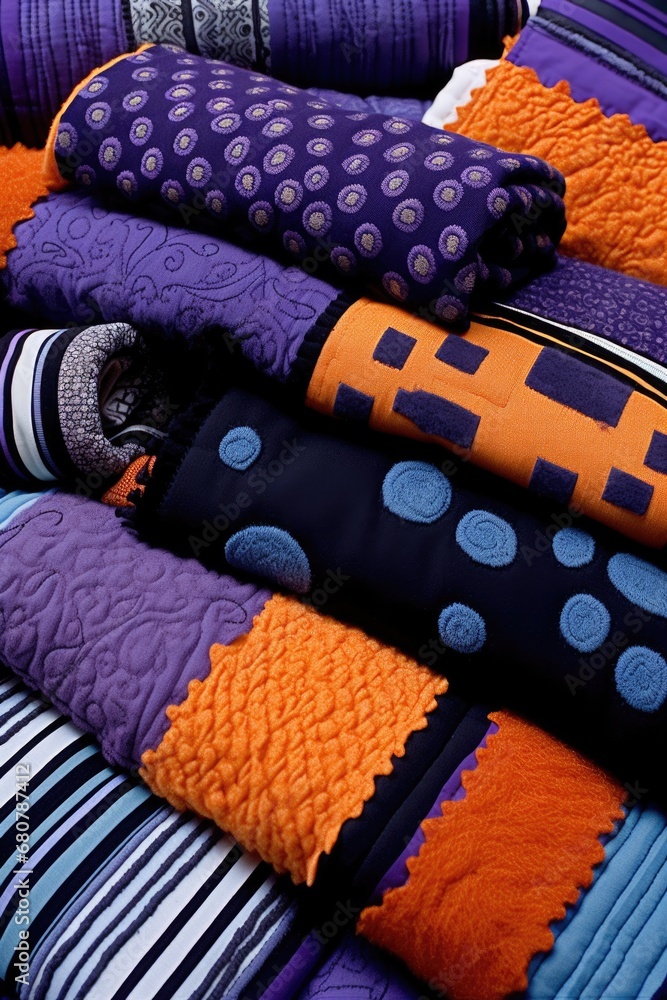 Poster a vibrant stack of multi-colored quilts creates a visual feast of quirky patterns and contrasting to