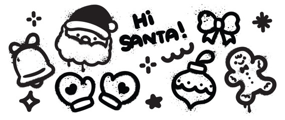 Set of Christmas elements. Snow spray paint vector. Graffiti, grunge elements of winter glove, sock, tree, present, star and cute doodle. Design illustration for decoration, card, sticker, wall decor.