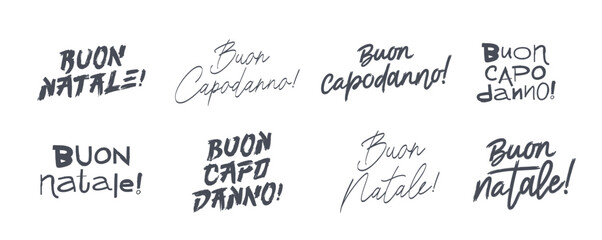Set of New Year and Christmas lettering in Italian. Buon Capodanno! Buon Natale! Drawn with a brush by hand. Elements for the design of a New Year greeting card.