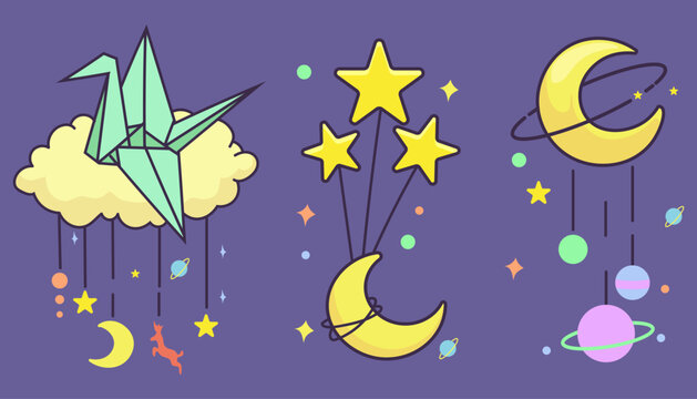 Set of sweet dream lullaby crescent moon, planets and origami. Cute crescent moon, planets and origami hanging on strings for your decoration. good night baby shower illustration vector.