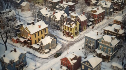 Fototapeta premium Winter Cityscape with Snow-Covered Bridge and Village, Featuring Old Buildings, Abandoned Factories, and Urban Ruins