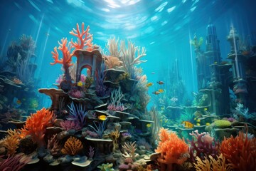 Colorful underwater coral reef with diverse marine life. Marine ecosystem. - obrazy, fototapety, plakaty