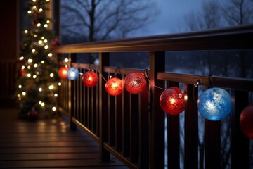 Red and blue Christmas balls decorated on the balcony in the domestic house with the outdoors tree...