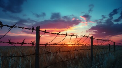 Boundary barbed wire fence in the territory military zone with dawn and sunset background. International International Holocaust Remembrance Day sunlight with silhouette on meadow defense background. - obrazy, fototapety, plakaty