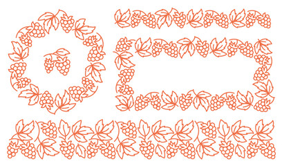 Raspberries design kit. Ornament set. Frame line ornament. Editable outline stroke. Vector line.