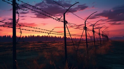 Boundary barbed wire fence in the territory military zone with dawn and sunset background. International International Holocaust Remembrance Day sunlight with silhouette on meadow defense background. - Powered by Adobe