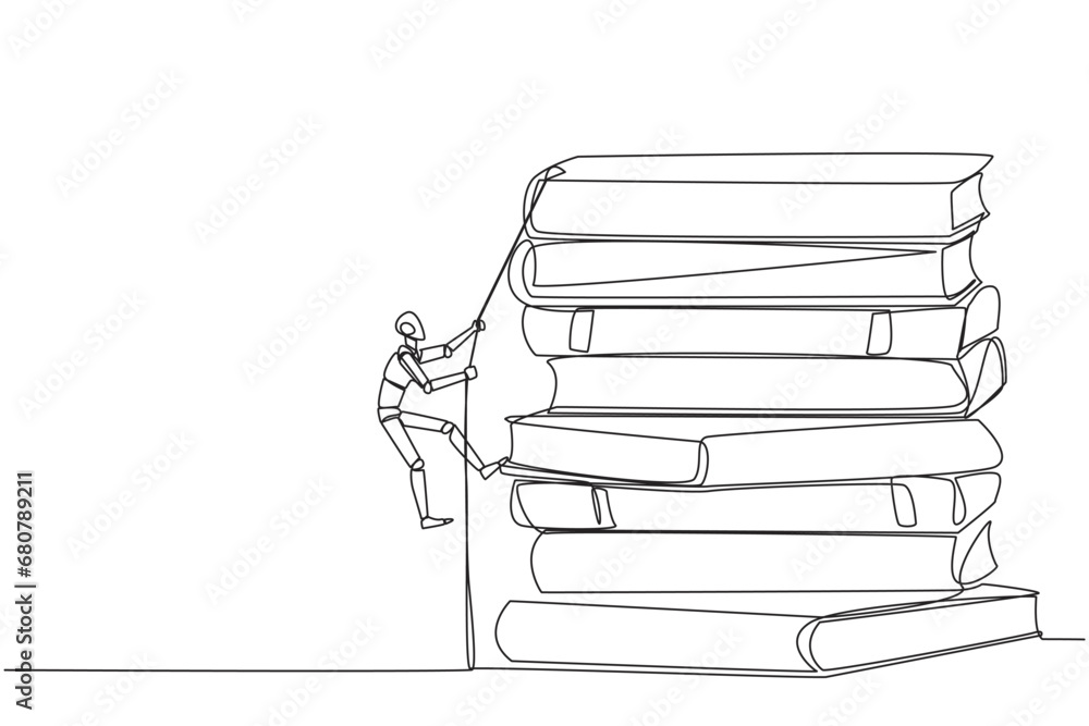 Poster single continuous line drawing smart robot climbing a pile of books with a rope. try hard to gain ne