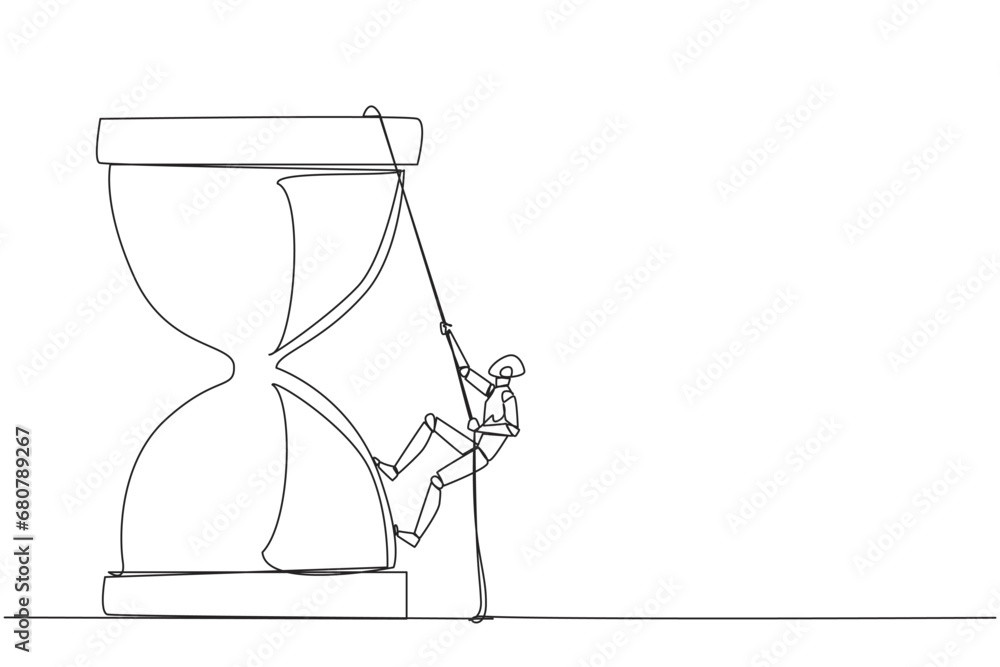 Poster single continuous line drawing smart robot climbs hourglass with the rope. the countdown is set. dea