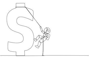 Obraz na płótnie Canvas Continuous one line drawing astronaut climbs dollar symbol with rope. Metaphor looking for extra money because of high needs. Smart work combined with hard work. Single line design vector illustration