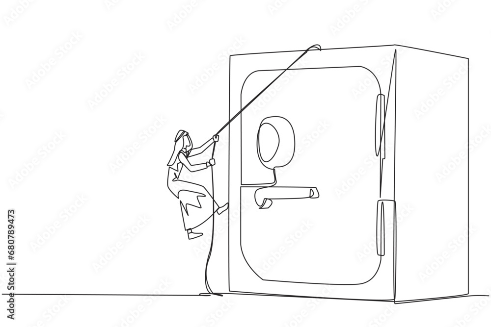 Poster continuous one line drawing arab businessman climbs safe deposit box with the rope. helps secure imp